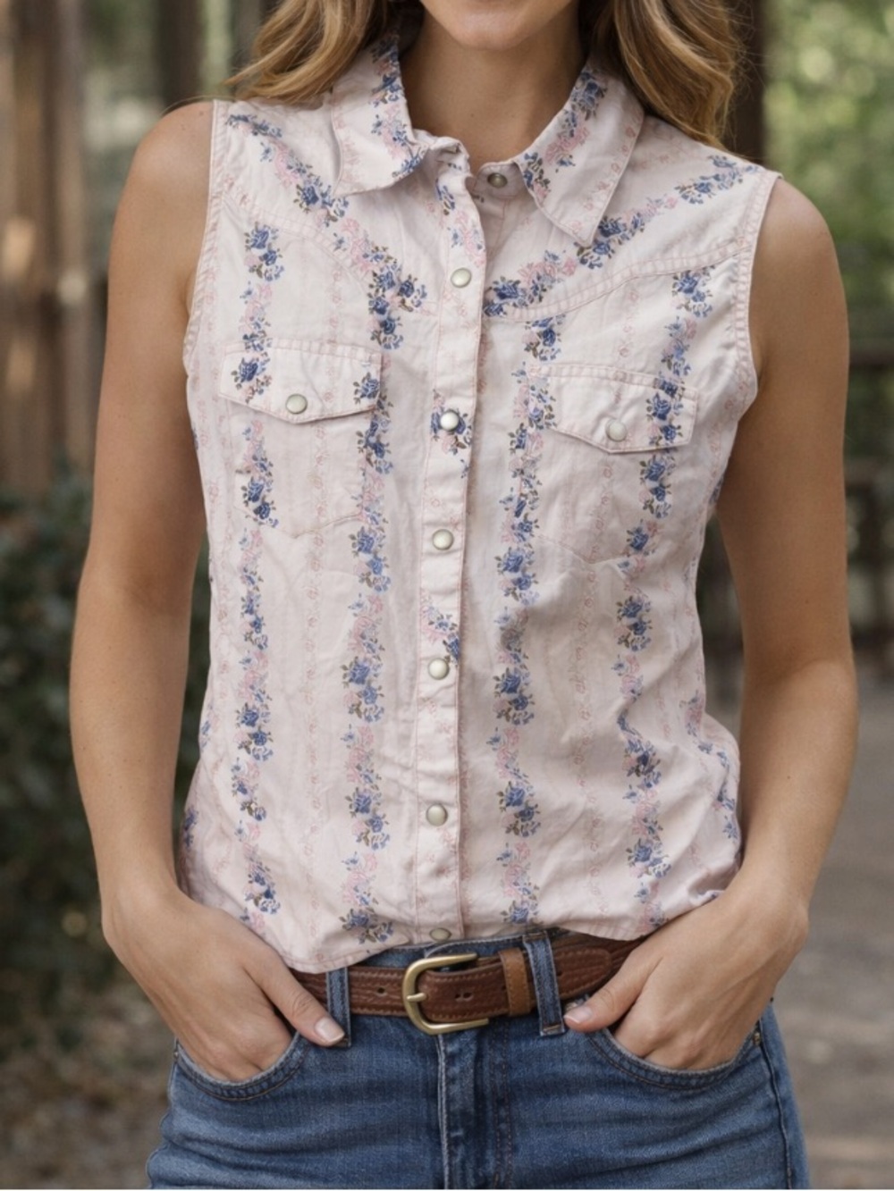 Western Floral snap button front festival prairie collard preppy Sleeveless Top